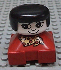 LEGO Duplo 2 x 2 x 2 Figure Brick, Red Base With Yellow and Red Polka Dot Scarf, White Face with Eyelashes, Black Female Hair minifigure