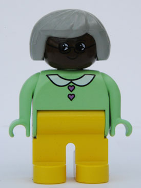 LEGO Duplo Figure, Female, Yellow Legs, Light Green Top with Heart Buttons, Gray Hair, Brown Head minifigure