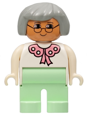LEGO Duplo Figure, Female, Light Green Legs, White Blouse, Gray Hair, Glasses minifigure