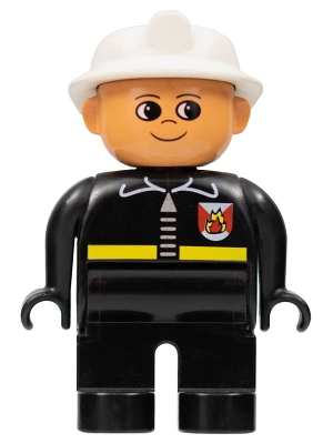 LEGO Duplo Figure, Male Fireman, Black Legs, Black Top with Fire Logo and Zipper, White Fire Helmet minifigure