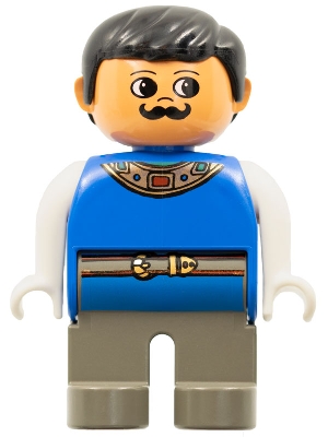 LEGO Duplo Figure, Male, Dark Gray Legs, Blue Top with Gold Necklace and Belt, Moustache (King) minifigure