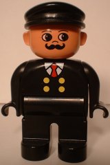LEGO Duplo Figure, Male, Black Legs, Black Top with 4 Yellow Buttons and Red Tie, Black Hat, Curly Moustache (Train Engineer) minifigure