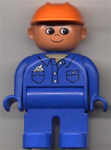 LEGO Duplo Figure, Male, Blue Legs, Blue Top with Cell Phone in Pocket, Construction Hat Orange minifigure