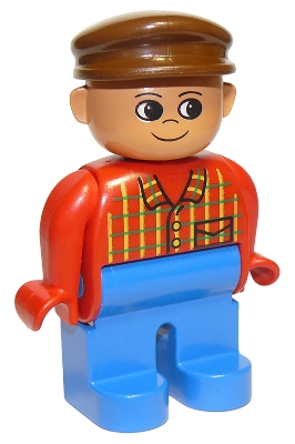 LEGO Duplo Figure, Male, Blue Legs, Red Top Plaid, Brown Cap minifigure