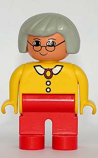 LEGO Duplo Figure, Female, Red Legs, Yellow Blouse with White Collar and 2 Buttons, Gray Hair, Glasses minifigure