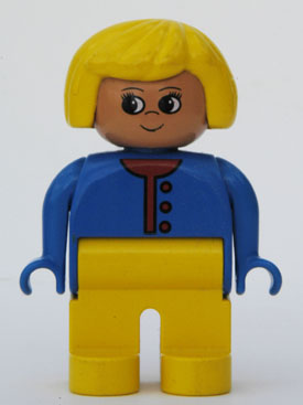 LEGO Duplo Figure, Female, Yellow Legs, Blue Sweater Unbuttoned with Red Buttons, Yellow Hair minifigure