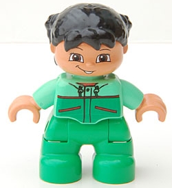 LEGO Duplo Figure Lego Ville, Child Girl, Bright Green Legs, Medium Green Top with Red Trim, Black Hair minifigure