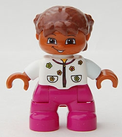 LEGO Duplo Figure Lego Ville, Child Girl, Magenta Legs, White Top with Flowers, Reddish Brown Hair with Braids minifigure