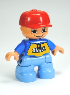 LEGO Duplo Figure Lego Ville, Child Boy, Medium Blue Legs, Blue Top with 'SKATE' Pattern, Red Cap minifigure