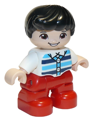 LEGO Duplo Figure Lego Ville, Child Boy, Red Legs, White Top with Medium Azure and Dark Blue Stripes, Black Hair minifigure