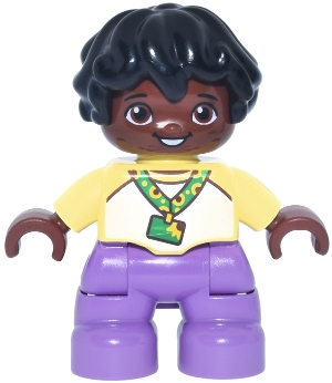 LEGO Duplo Figure Lego Ville, Child Boy, Medium Lavender Legs, Bright Light Yellow and White Top Baseball T-Shirt, Sunflower ID Badge on Lanyard Pattern, Black Hair (6544013) minifigure