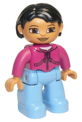 LEGO Duplo Figure Lego Ville, Female, Medium Blue Legs, Magenta Top, Black Hair, Brown Eyes minifigure