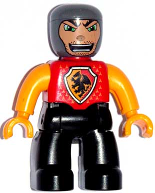 LEGO Duplo Figure Lego Ville, Male Castle, Black Legs, Red Chest with Dragon Shield, Bright Light Orange Arms and Hands, Stubble and Open Mouth minifigure