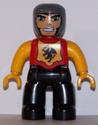 LEGO Duplo Figure Lego Ville, Male Castle, Black Legs, Red Chest with Dragon Emblem, Bright Light Orange Arms and Hands, Lefty Smile minifigure