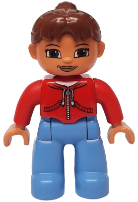 LEGO Duplo Figure Lego Ville, Female, Medium Blue Legs, Red Jacket with Black Zipper and Pockets, Reddish Brown Ponytail Hair minifigure