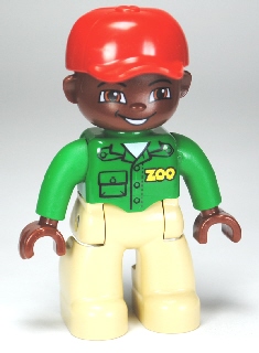 LEGO Duplo Figure Lego Ville, Male, Tan Legs, Green Top with 'ZOO' on Front and Back, Brown Head, Red Cap, Brown Head, Brown Eyes (Zoo Worker) minifigure