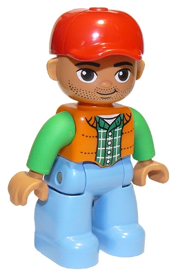 LEGO Duplo Figure Lego Ville, Male, Medium Blue Legs, Orange Vest, Dark Green Plaid Shirt, Bright Green Arms, Red Cap, Oval Eyes minifigure