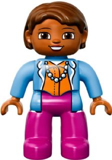 LEGO Duplo Figure Lego Ville, Female, Magenta Legs, Medium Blue Top with Necklace, Dark Orange Hair minifigure