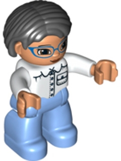 LEGO Duplo Figure Lego Ville, Female, Medium Blue Legs, White Top with Pocket, White Arms, Blue Glasses, Black Hair minifigure