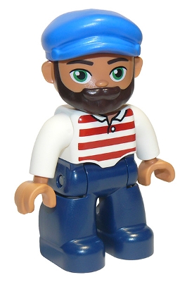 LEGO Duplo Figure Lego Ville, Male, Dark Blue Legs, White Shirt with Red Horizontal Stripes, Blue Cap and Beard minifigure