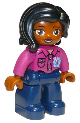 LEGO Duplo Figure Lego Ville, Female, Dark Blue Legs, Magenta Shirt with Flower, Black Hair minifigure