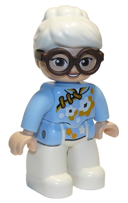 LEGO Duplo Figure Lego Ville, Female, White Legs, Bright Light Blue Top with White and Bright Light Orange Flowers, Dark Brown Glasses, White Hair minifigure