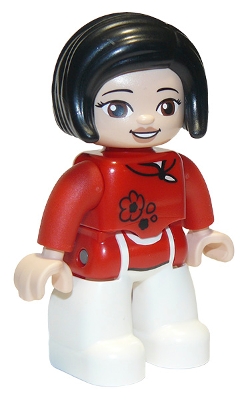 LEGO Duplo Figure Lego Ville, Female, White Legs, Red Top with Black Flowers, Black Hair minifigure