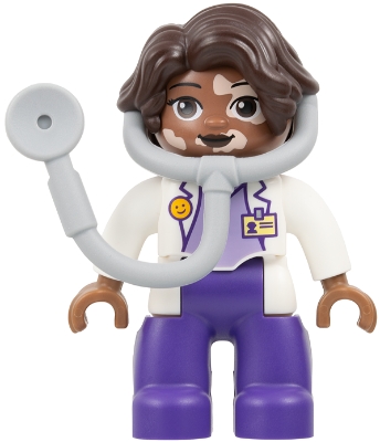 LEGO Duplo Figure Lego Ville, Female Medic, Dark Purple Legs, White Top with ID Badge, White Arms, Dark Brown Hair, Attached Stethoscope, Vitiligo (6533434 / 6548219) minifigure