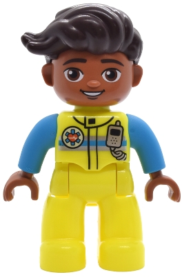 LEGO Duplo Figure Lego Ville, Male, Neon Yellow Legs, Uniform Vest with Silver and Dark Azure Stripes, Radio and EMT Star of Life Pattern, Dark Brown Hair (6527690 / 6569862) minifigure