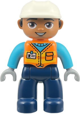 LEGO Duplo Figure Lego Ville, Male, Construction Worker, Dark Blue Legs, Orange Vest with Name Tag, Medium Azure Shirt, Light Bluish Gray Hands, White Helmet (6585846) minifigure 47394pb377