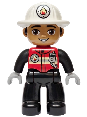 LEGO Duplo Figure Lego Ville, Male Firefighter, Black Legs, Red Vest with Silver Fire Badge and Radio, Medium Nougat Face, White Helmet with Fire Badge (6589646) minifigure 47394pb378