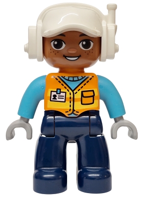 LEGO Duplo Figure Lego Ville, Male, Dark Blue Legs, Orange Vest with Name Tag Pattern, Medium Azure Arms, White Cap with Headset (6589826) minifigure 47394pb380