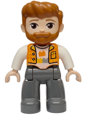 LEGO Duplo Figure Lego Ville, Male, Dark Bluish Gray Legs, Orange Vest over White Shirt with Bricks Pattern, Dark Orange Hair and Beard (6590834) minifigure 47394pb381