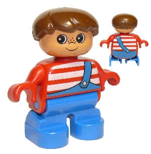 LEGO Duplo Figure, Child Type 2 Boy, Blue Legs, Red Top with White Stripes and Blue Overalls with One Strap minifigure