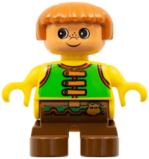LEGO Duplo Figure, Child Type 2 Boy, Brown Legs, Green Vest with Brown Straps and Belt with Sash minifigure