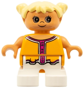 LEGO Duplo Figure, Child Type 2 Girl, White Legs, Orange and Dark Pink Top , Yellow Hair Pigtails minifigure