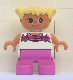 LEGO Duplo Figure, Child Type 2 Girl, Dark Pink Legs, White Top with Pink Stripes and Flowers, Light Yellow Hair minifigure
