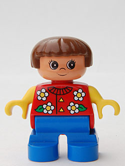 LEGO Duplo Figure, Child Type 2 Girl, Blue Legs, Red Torso With Flowers Pattern, Collar And 2 Buttons, Yellow Arms, Brown Hair minifigure