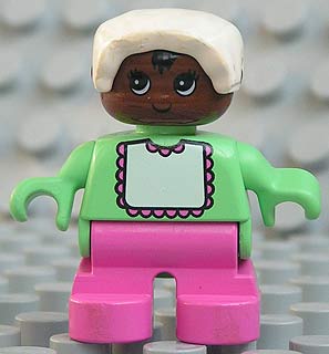 LEGO Duplo Figure, Child Type 2 Baby, Dark Pink Legs, Light Green Top with White Bib with Dark Pink Lace, White Bonnet minifigure