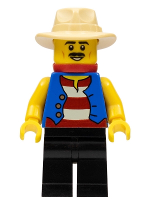 LEGO Gondolier, Red and White Striped Shirt and Blue Vest, Black Legs, Tan Fedora Hat, Red Bandana minifigure