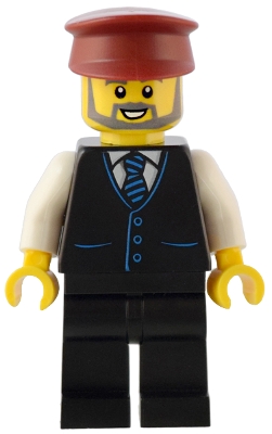 LEGO Station Master - Black Vest with Blue Striped Tie, Black Legs, Dark Red Hat, Beard minifigure