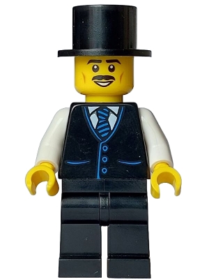 LEGO Tourist - Male, Black Vest with Blue Striped Tie, Black Legs, Black Top Hat, Moustache minifigure