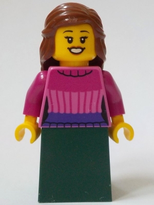 LEGO General Store Customer - Female, Dark Pink Sweater, Dark Green Skirt, Reddish Brown Hair minifigure