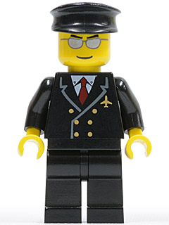 LEGO Airport - Pilot with Red Tie and 6 Buttons, Black Legs, Black Hat, Silver Glasses minifigure