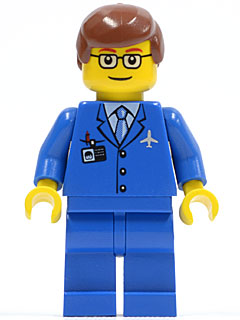 LEGO Airport - Blue 3 Button Jacket & Tie, Reddish Brown Male Hair, Glasses with Thin Eyebrow minifigure
