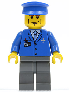 LEGO Airport - Blue 3 Button Jacket & Tie, Blue Hat, Dark Bluish Gray Legs, Vertical Cheek Lines minifigure