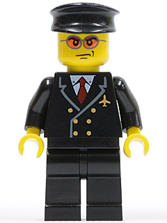 LEGO Airport - Pilot with Red Tie and 6 Buttons, Black Legs, Black Hat, Orange Sunglasses minifigure