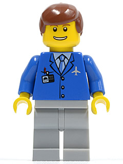 LEGO Airport - Blue 3 Button Jacket & Tie, Light Bluish Gray Legs, Reddish Brown Male Hair, Thin Grin with Teeth minifigure