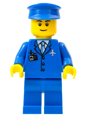 LEGO Airport - Blue 3 Button Jacket and Tie, Blue Hat, Blue Legs, Black Eyebrows minifigure