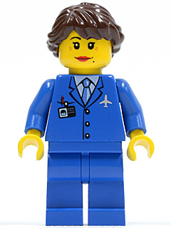 LEGO Airport - Blue 3 Button Jacket & Tie, Dark Brown Hair Ponytail Long French Braided minifigure